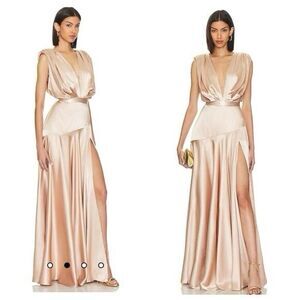 Bronx and Banco Romi Champagne Satin Gown XS | Deep Plunge High Slit Silk Dress